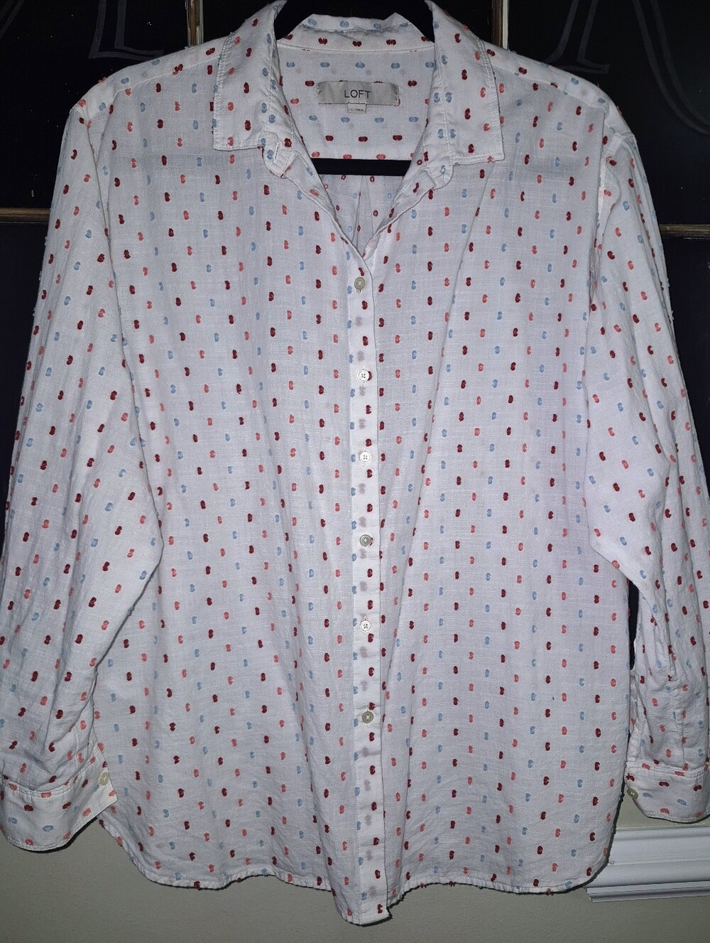 LOFT White Button-Down Shirt with Red & Blue Dot Print
